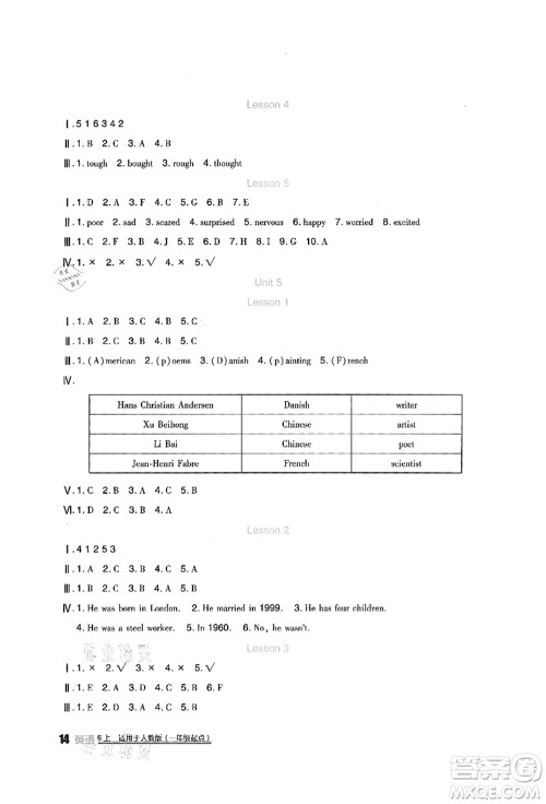 四川教育出版社2021新课标小学生学习实践园地六年级英语上册人教版一年级起点答案