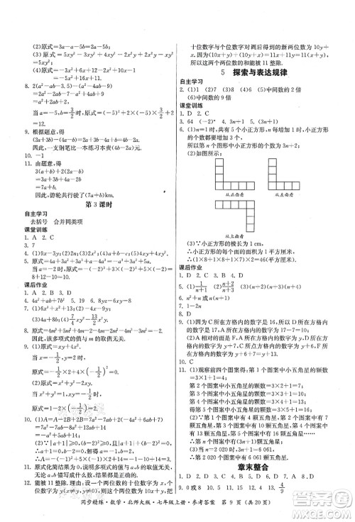 广东人民出版社2021同步精练七年级数学上册北师大版答案