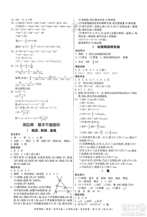 广东人民出版社2021同步精练七年级数学上册北师大版答案