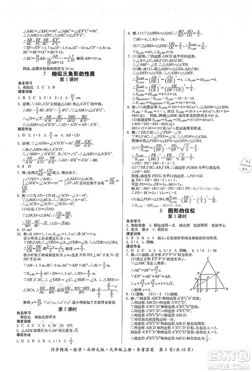 广东人民出版社2021同步精练九年级数学上册北师大版答案