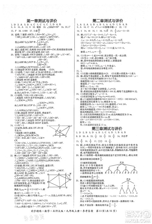 广东人民出版社2021同步精练九年级数学上册北师大版答案