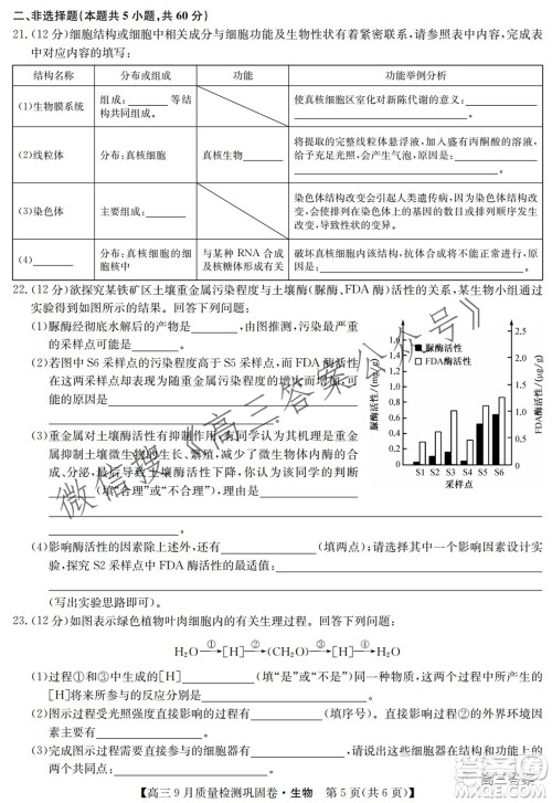 九师联盟2021-2022学年高三9月质量检测巩固卷生物试题及答案