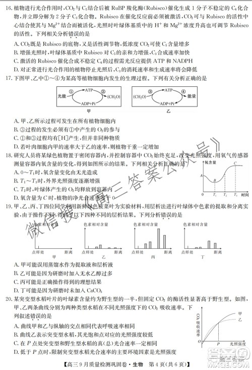 九师联盟2021-2022学年高三9月质量检测巩固卷生物试题及答案