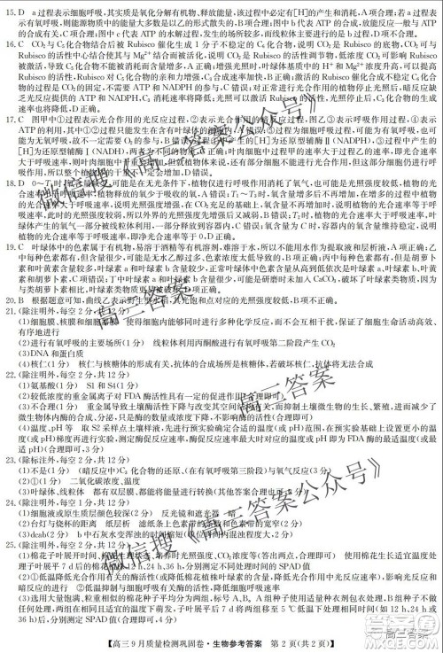 九师联盟2021-2022学年高三9月质量检测巩固卷生物试题及答案