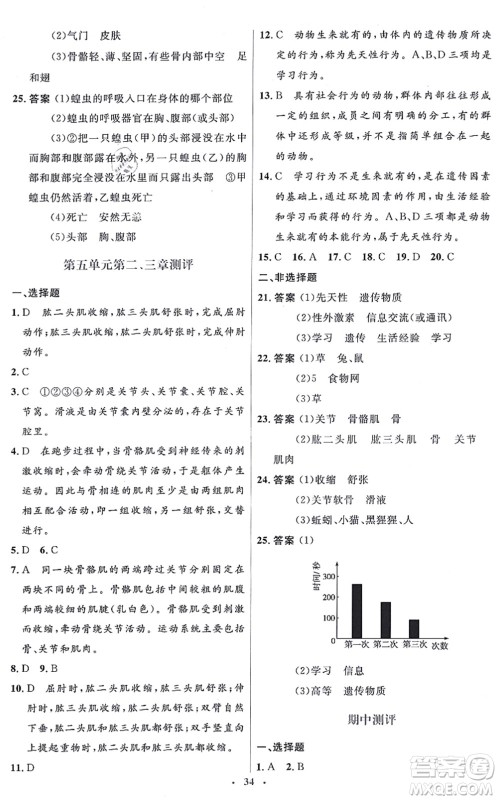 人民教育出版社2021同步解析与测评学考练八年级生物上册人教版答案