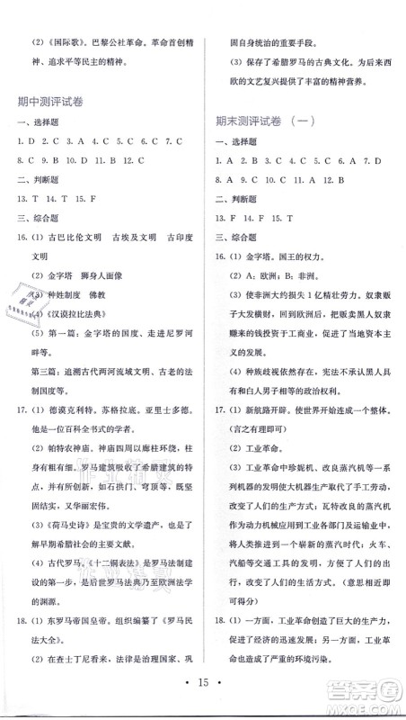 人民教育出版社2021同步解析与测评九年级历史上册人教版答案