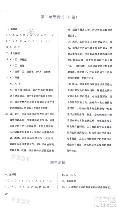 人民教育出版社2021同步解析与测评七年级生物上册人教版答案