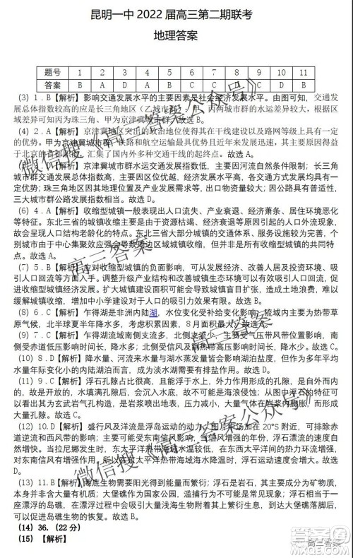 昆明市第一中学2022届高中新课标高三第二次双基检测文科综合试卷答案 昆明市第一中学2022届高中新课标高三第二次双基检测文科综合试卷答案