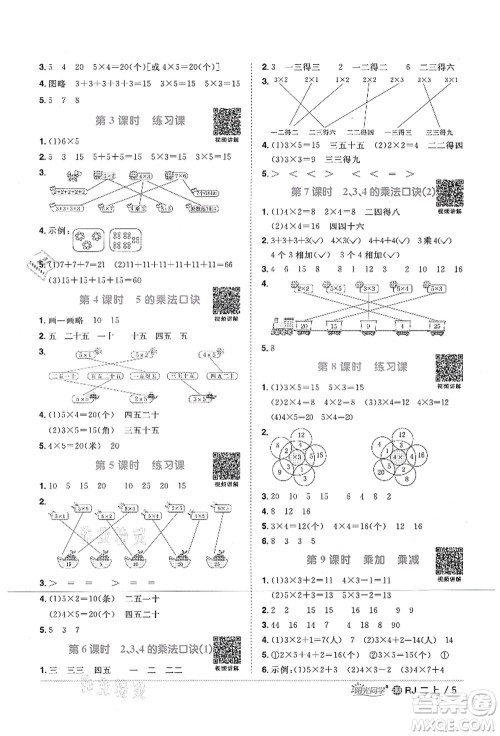 江西教育出版社2021阳光同学课时优化作业二年级数学上册RJ人教版江门专版答案