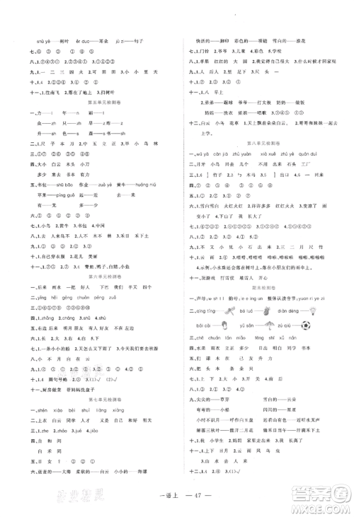 浙江工商大学出版社2021名师面对面先学后练一年级上册语文人教版参考答案