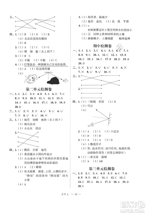 浙江工商大学出版社2021名师面对面先学后练五年级上册科学人教版参考答案