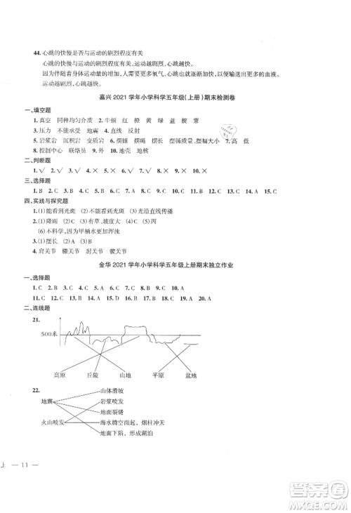 浙江工商大学出版社2021名师面对面先学后练五年级上册科学人教版参考答案