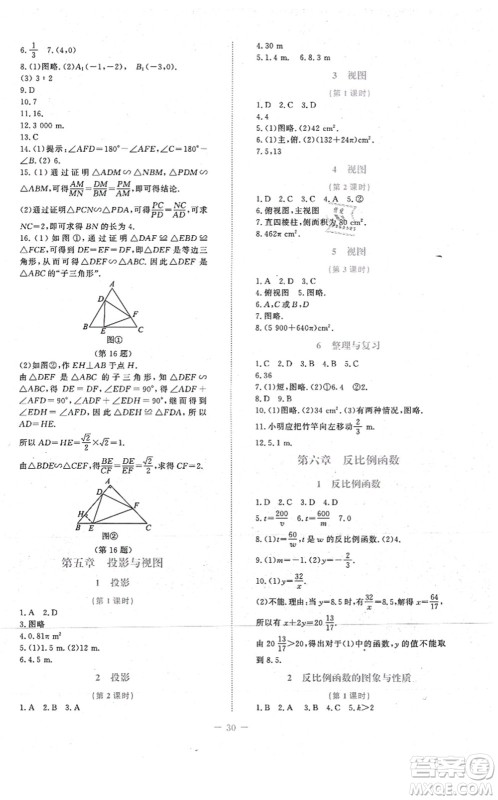 北京师范大学出版社2021课堂精练九年级数学上册北师大版福建专版答案