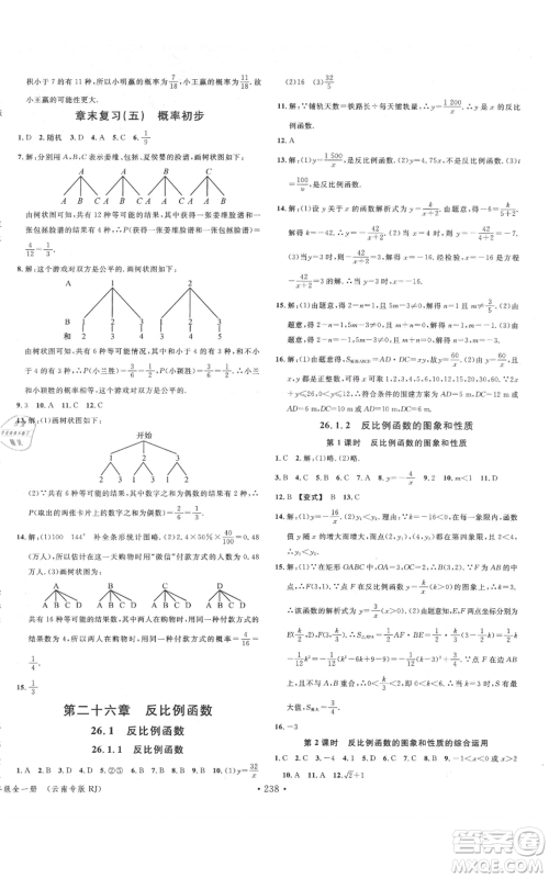 吉林教育出版社2021名校课堂滚动学习法九年级数学人教版云南专版参考答案