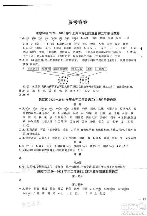 江西教育出版社2021阳光同学课时优化作业二年级语文上册RJ人教版四川专版答案