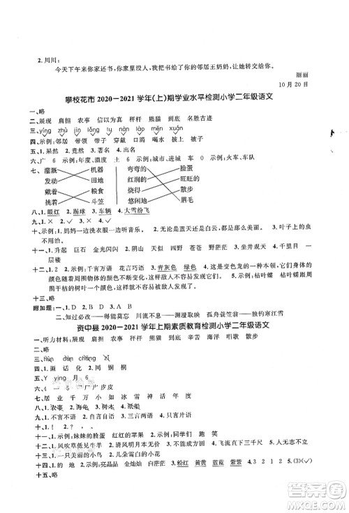 江西教育出版社2021阳光同学课时优化作业二年级语文上册RJ人教版四川专版答案