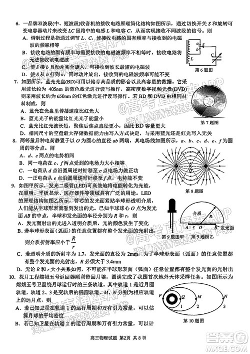 2021学年第一学期浙南名校联盟第一次联考物理试题及答案