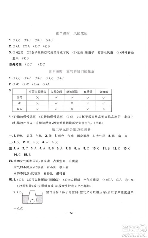 江西教育出版社2021阳光同学课时优化作业三年级科学上册JK教科版答案