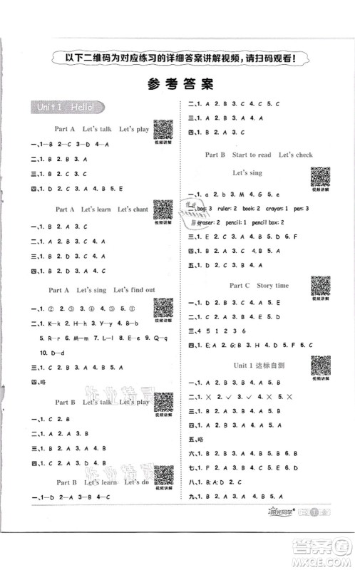 江西教育出版社2021阳光同学课时优化作业三年级英语上册PEP版答案 江西教育出版社2021阳光同学课时优化作业三年级英语上册PEP版答案