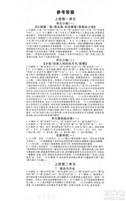 吉林教育出版社2021名校课堂滚动学习法九年级语文晨读手册人教版云南专版参考答案