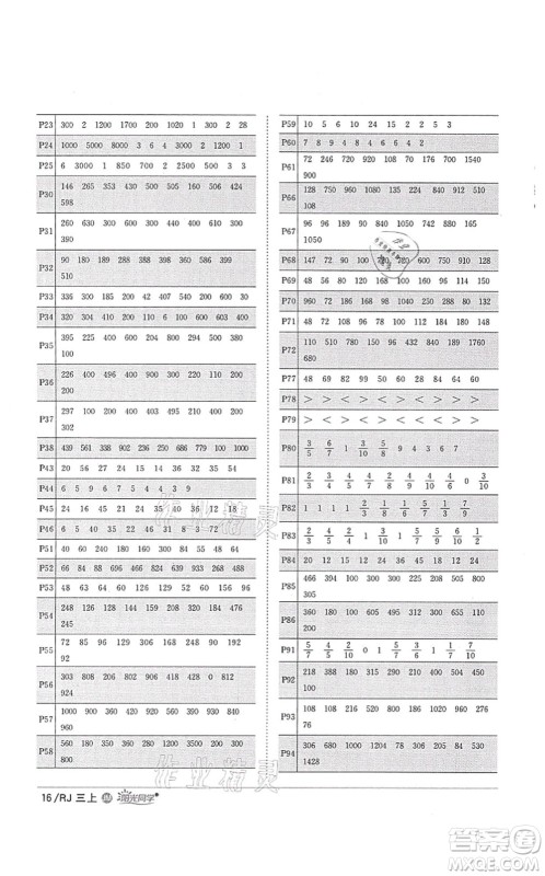 江西教育出版社2021阳光同学课时优化作业三年级数学上册RJ人教版江门专版答案