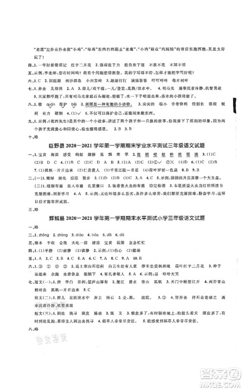 江西教育出版社2021阳光同学课时优化作业三年级语文上册RJ人教版菏泽专版答案