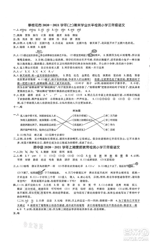 江西教育出版社2021阳光同学课时优化作业三年级语文上册RJ人教版四川专版答案