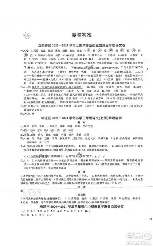 江西教育出版社2021阳光同学课时优化作业三年级语文上册RJ人教版四川专版答案