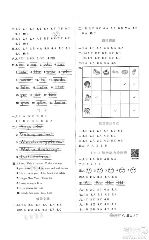 江西教育出版社2021阳光同学课时优化作业三年级英语上册YL译林版淮宿连专版答案