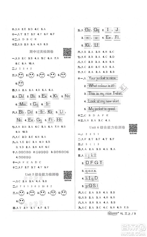 江西教育出版社2021阳光同学课时优化作业三年级英语上册YL译林版淮宿连专版答案