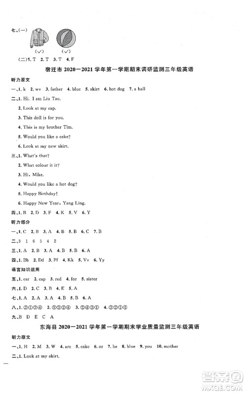 江西教育出版社2021阳光同学课时优化作业三年级英语上册YL译林版淮宿连专版答案