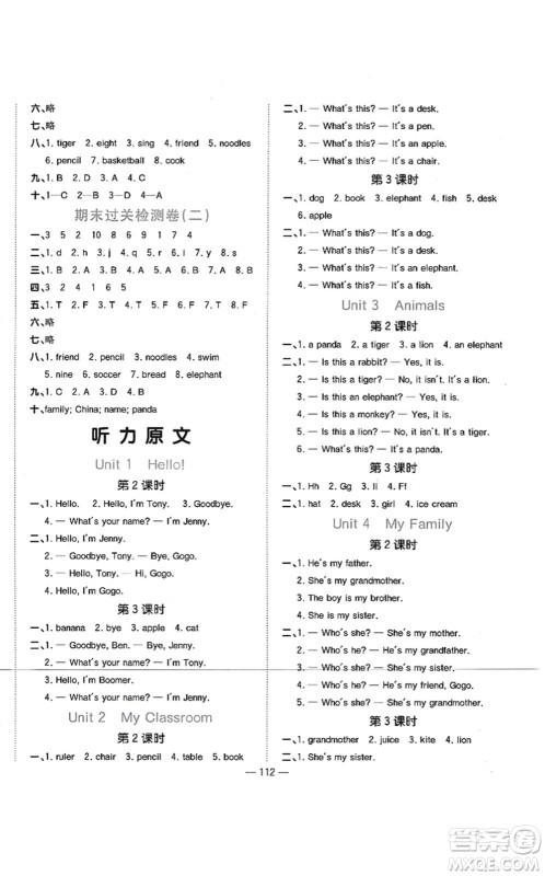 江西教育出版社2021阳光同学课时优化作业三年级英语上册广东人民版答案