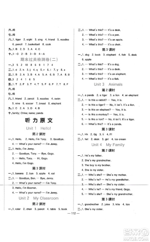 江西教育出版社2021阳光同学课时优化作业三年级英语上册广东人民版答案