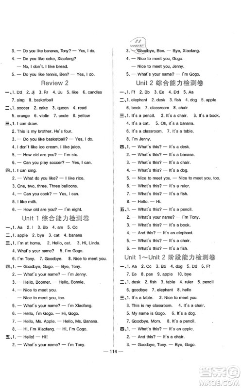 江西教育出版社2021阳光同学课时优化作业三年级英语上册广东人民版答案