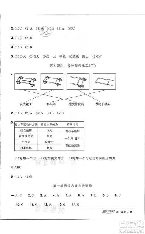 江西教育出版社2021阳光同学课时优化作业四年级科学上册JK教科版答案