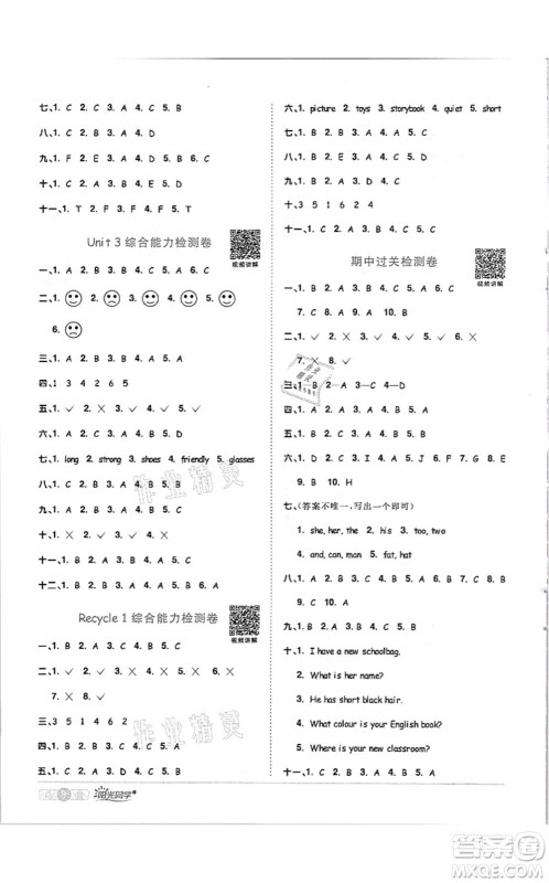 江西教育出版社2021阳光同学课时优化作业四年级英语上册PEP版答案