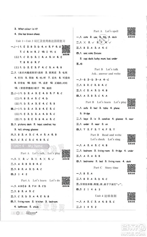 江西教育出版社2021阳光同学课时优化作业四年级英语上册PEP版答案
