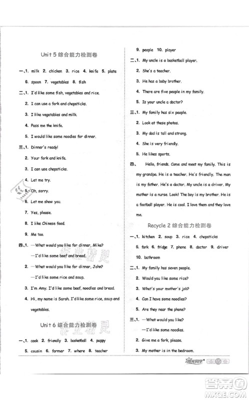 江西教育出版社2021阳光同学课时优化作业四年级英语上册PEP版答案