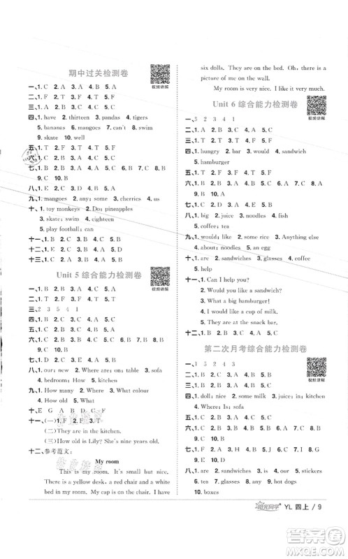 江西教育出版社2021阳光同学课时优化作业四年级英语上册YL译林版徐州专版答案