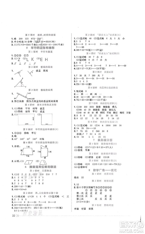 江西教育出版社2021阳光同学课时优化作业四年级数学上册RJ人教版湖北专版答案