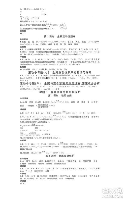 广东经济出版社2021名校课堂九年级化学人教版背记手册广西专版参考答案 