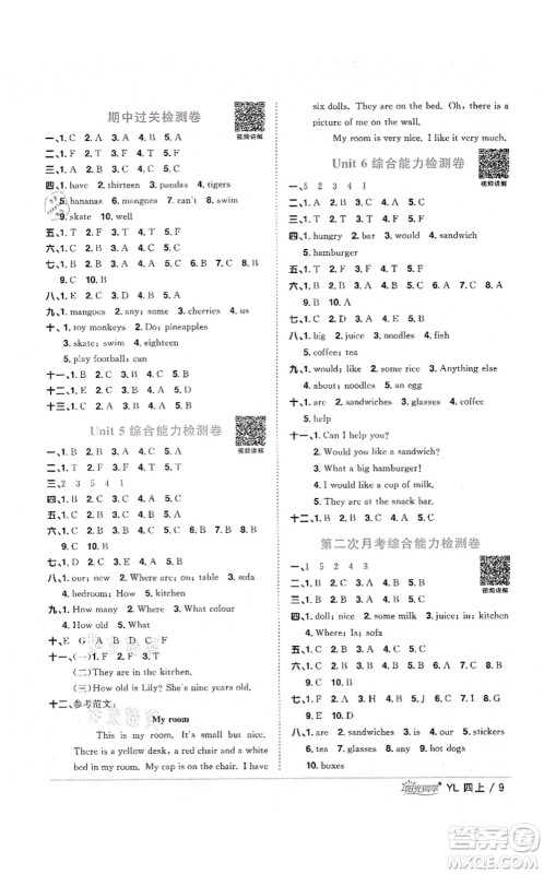 江西教育出版社2021阳光同学课时优化作业四年级英语上册YL译林版淮宿连专版答案