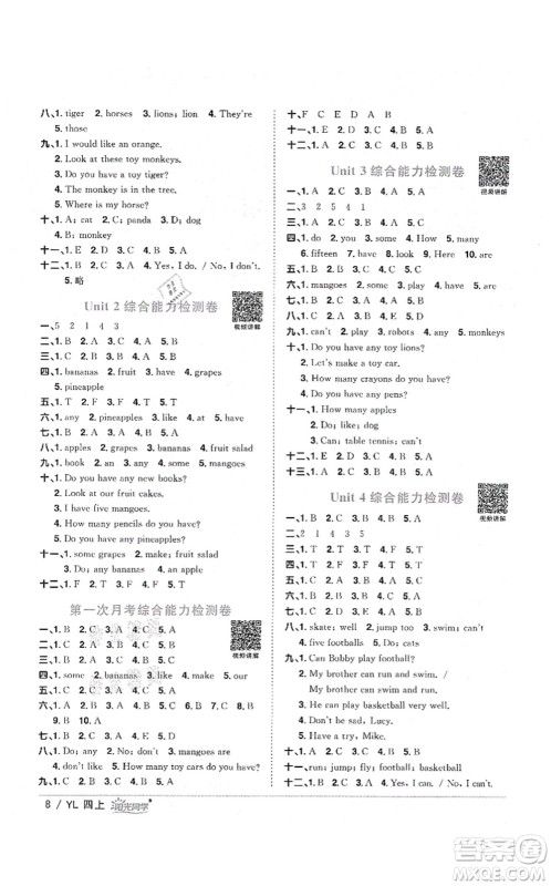 江西教育出版社2021阳光同学课时优化作业四年级英语上册YL译林版淮宿连专版答案