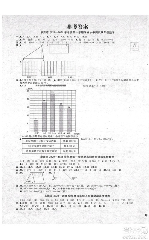 江西教育出版社2021阳光同学课时优化作业四年级数学上册SJ苏教版淮宿连专版答案