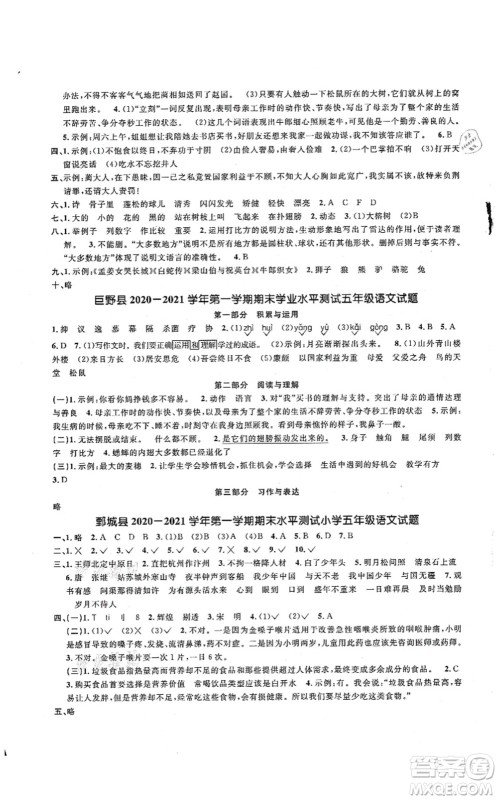 江西教育出版社2021阳光同学课时优化作业五年级语文上册RJ人教版菏泽专版答案