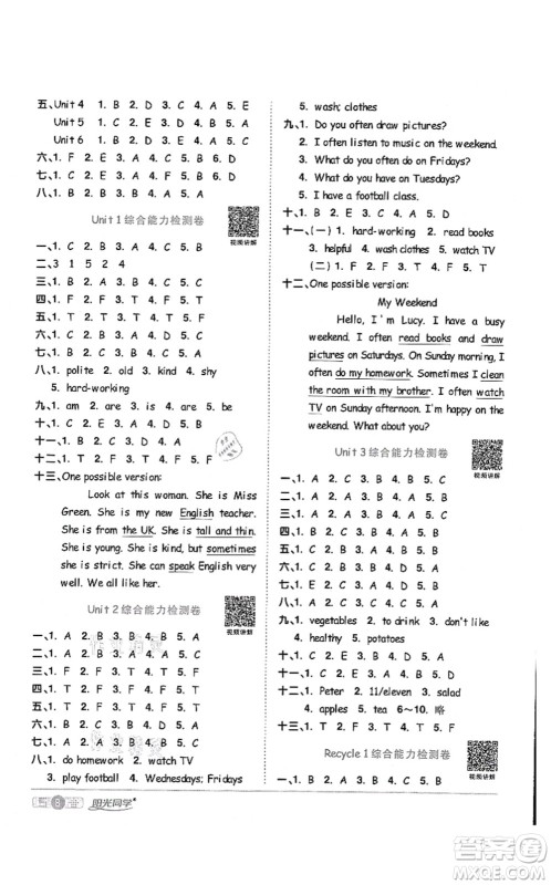 江西教育出版社2021阳光同学课时优化作业五年级英语上册PEP版答案