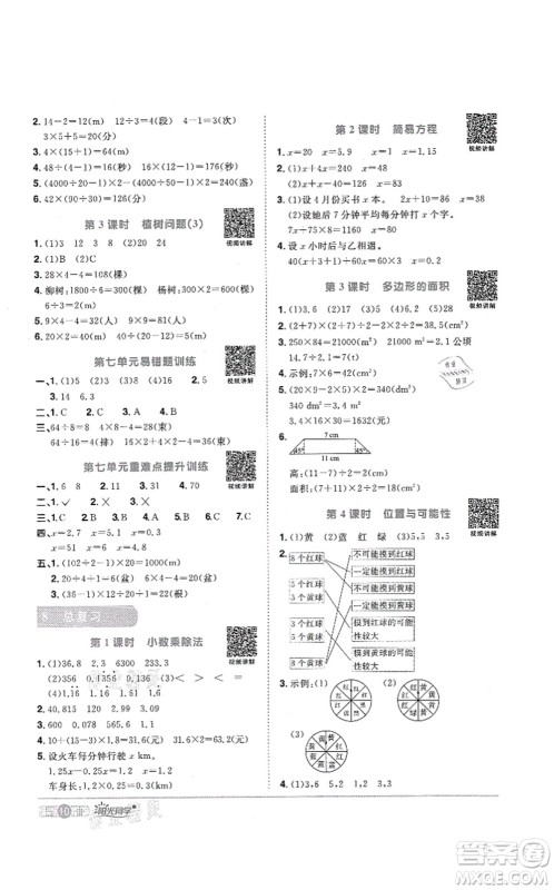 江西教育出版社2021阳光同学课时优化作业五年级数学上册RJ人教版菏泽专版答案