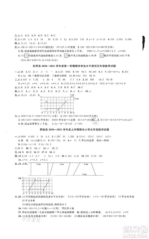 江西教育出版社2021阳光同学课时优化作业五年级数学上册RJ人教版菏泽专版答案