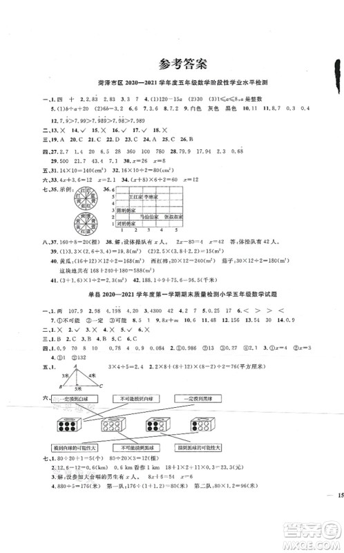 江西教育出版社2021阳光同学课时优化作业五年级数学上册RJ人教版菏泽专版答案