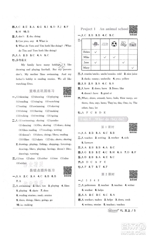 江西教育出版社2021阳光同学课时优化作业五年级英语上册YL译林版淮宿连专版答案